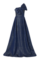 Metallic Jacquard Bow One-Shoulder Gown